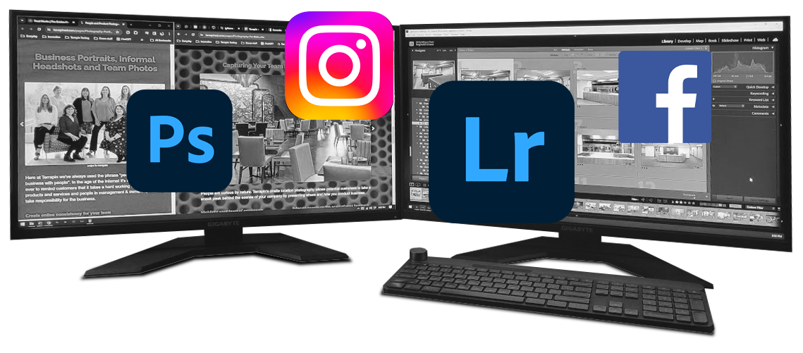 Two computer monitors with photo and video editing software displayed on them