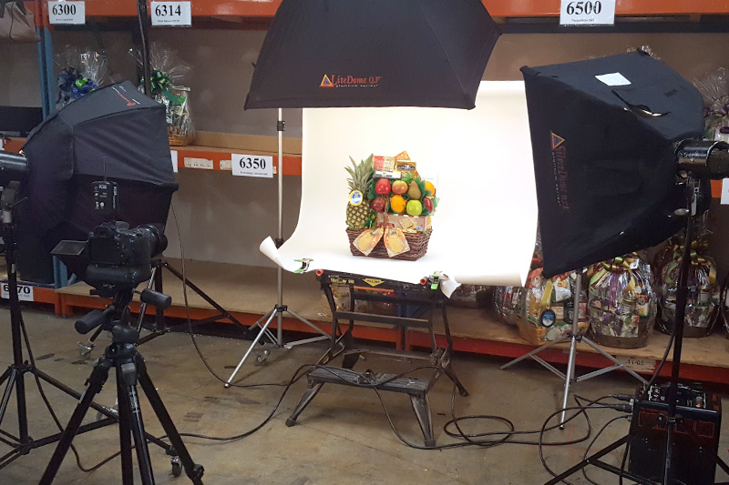 Photography lighting setup on location at Dave's Gift Baskets