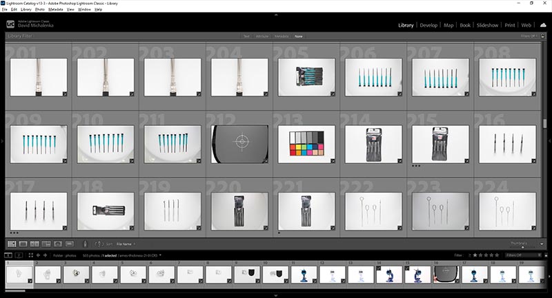 Screenshot of Adobe Lightroom with precision tool product thumbnails
