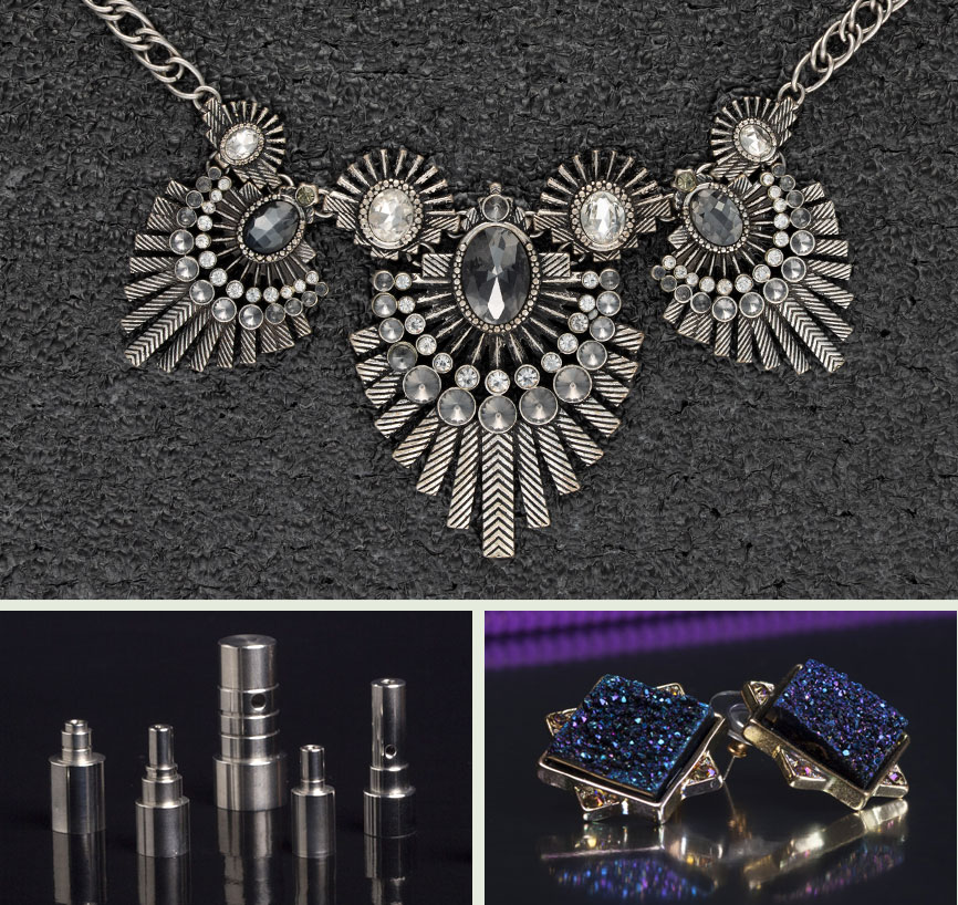 A collection of jewelry and precisioned machined parts on dark backgrounds