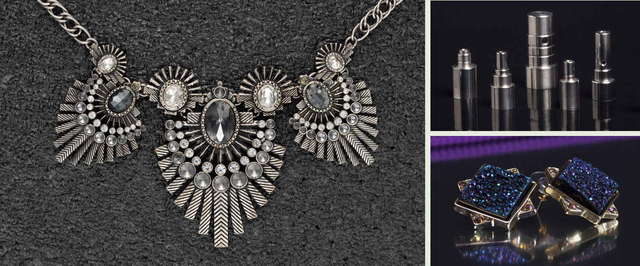 A collection of jewelry and precisioned machined parts on dark backgrounds