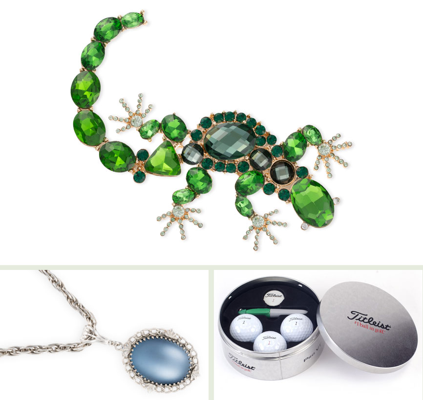 A collage of highly reflective jewelry with gemstones on white backgrounds