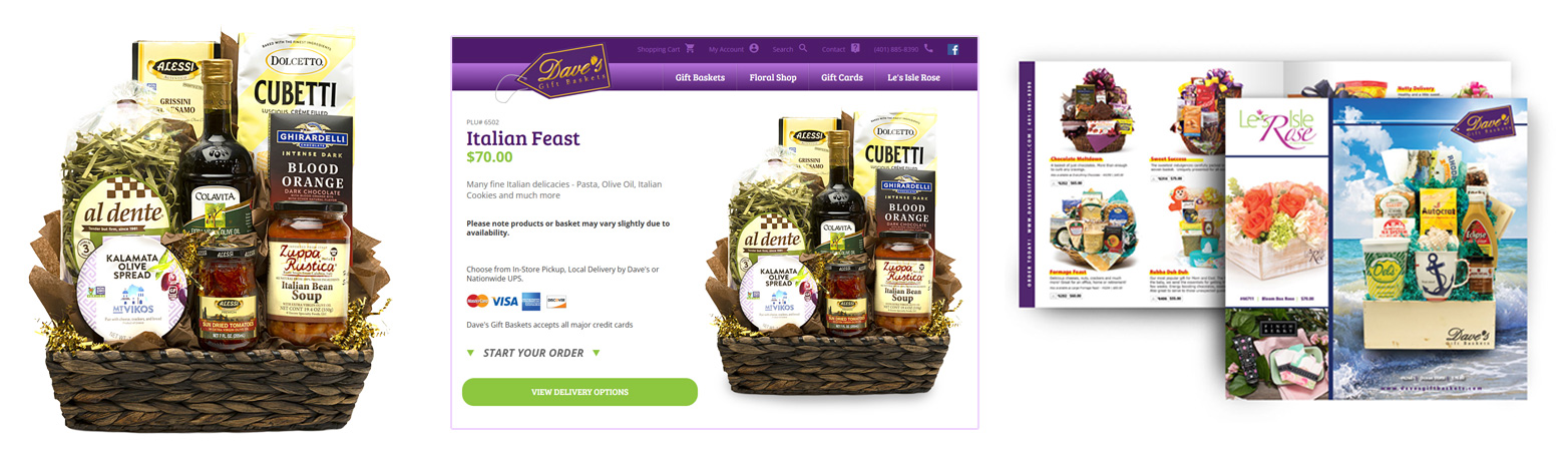 A gift basket photographed on white that was used for ecommerce and a printed catalog