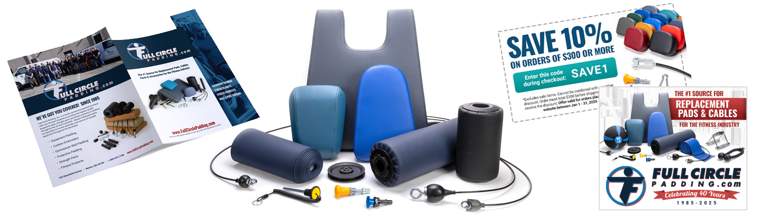 Replacement padding for exercise equipment photograhded on white and used for a printed catalog and social media posts