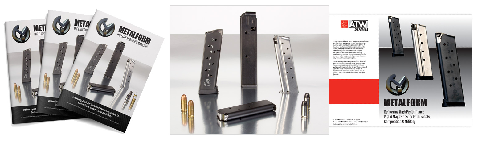 A stylized photo of a set of handgun magazines used for a printed catalog and tradeshow materials