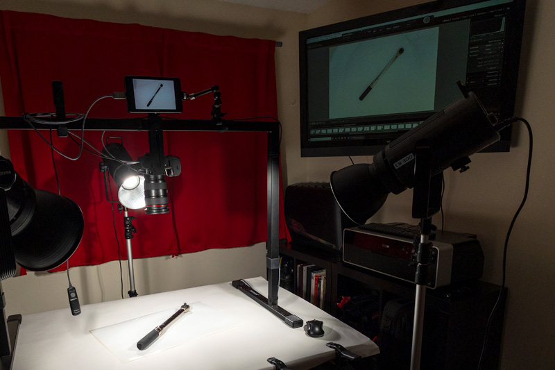 Downward rig and lighting setup at Terrapin photography studio