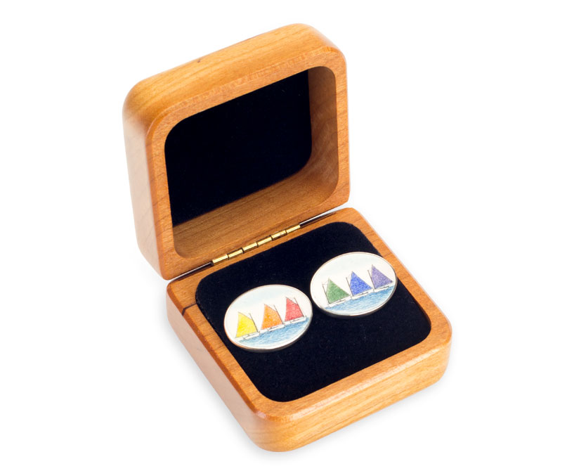 Rainbow fleet skrimshaw cufflinks in wooden box by artist David Masters