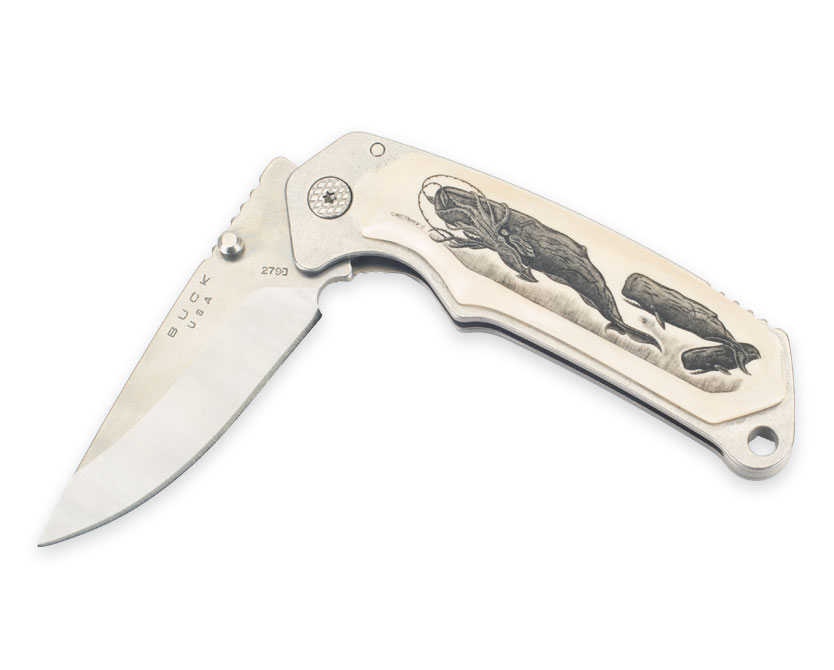 Buck knife with customer whale skrimshaw artwork on white background