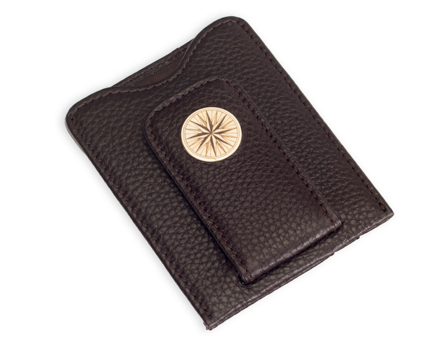 Leather billfold with custom compass inlay on white background