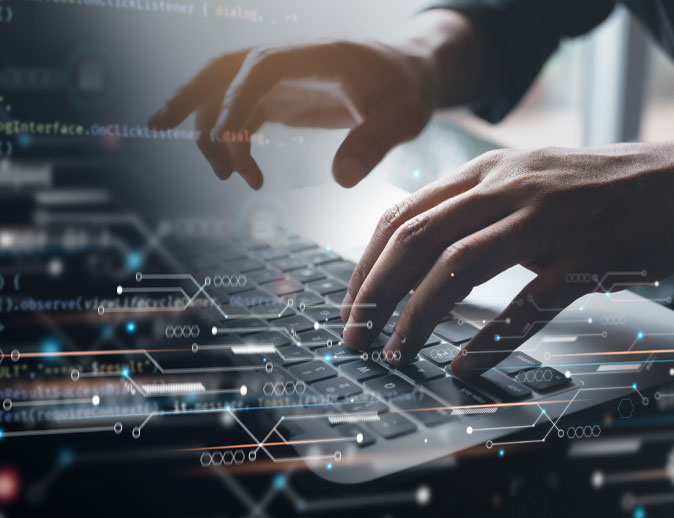 rendered image showing hands typing on computer keyboard