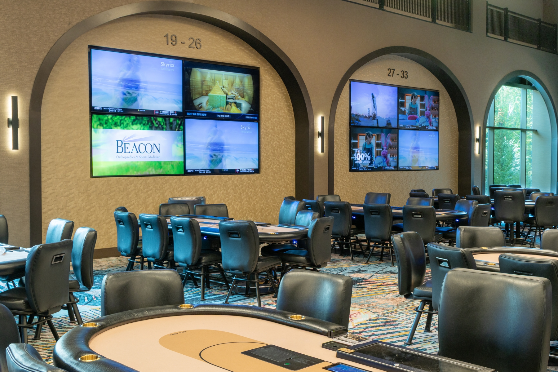 Gaming tables in the poker room at Fox Tower