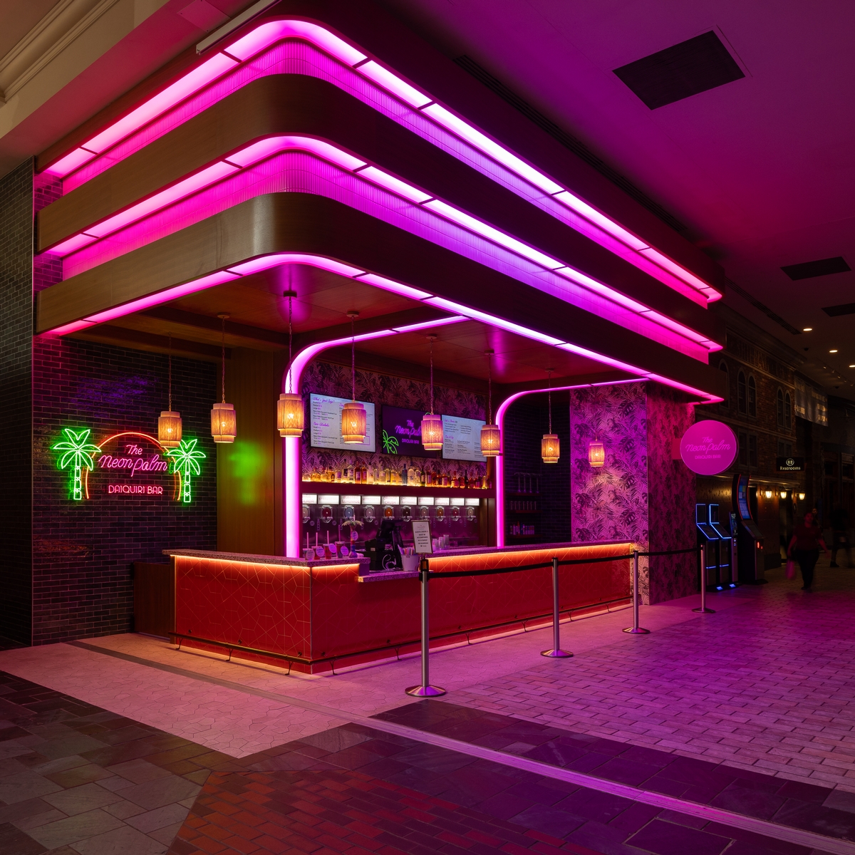 Wide shot of Neon Palm and walkway at Foxwoods Casino