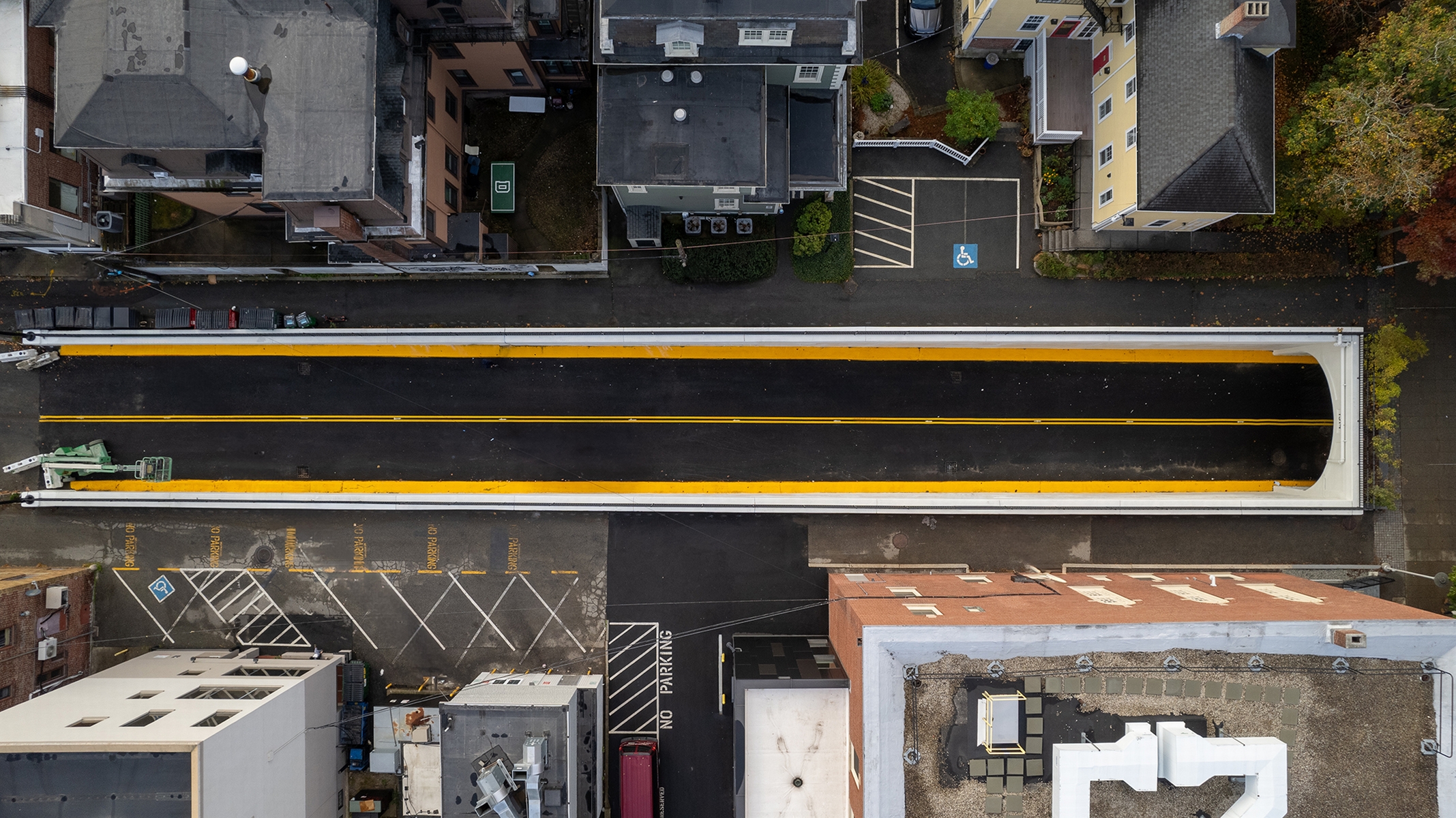 Overhead drone shot of Thayer Street bus tunnel entrance