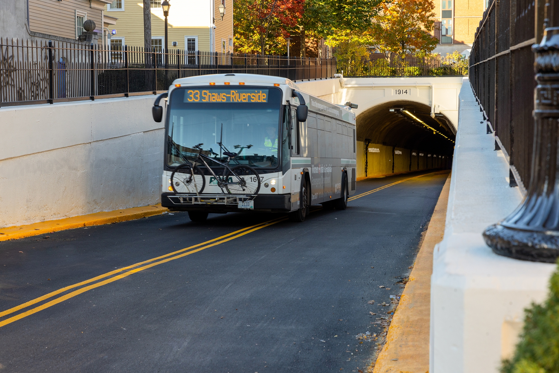 RIPTA bus exiting Thayer Street tunnel entrance