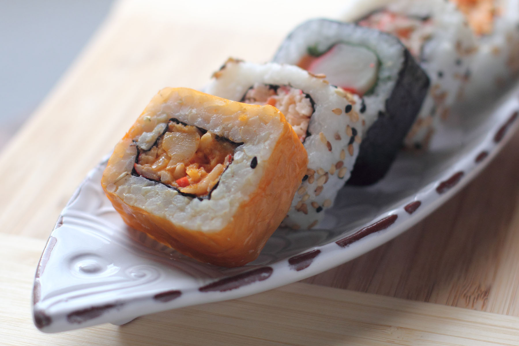 Closeup of California rolls from Suki Sushi