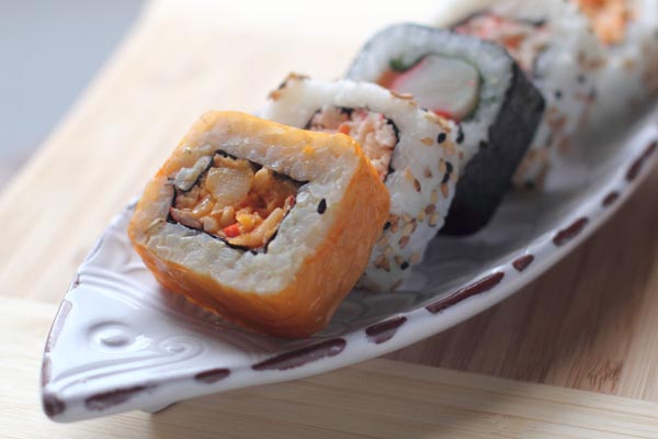 Closeup of California rolls from Suki Sushi